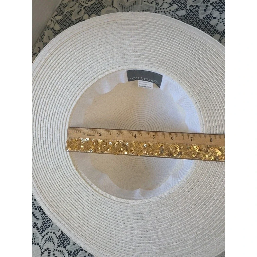 Scala Pronto Wide Brim Hat White Silver‎ Rhinestone OS Beach Vacation Resort